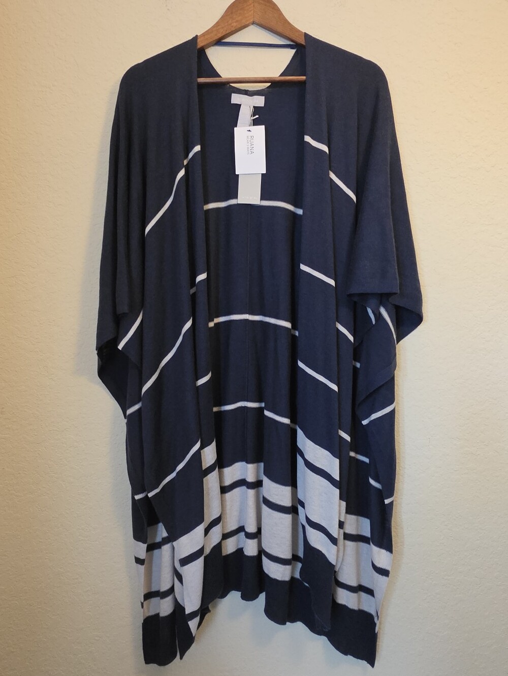 NWT Nordstrom Ruana OS Navy Blue Grey Casual Fall Duster Lagenlook Nautical Boho